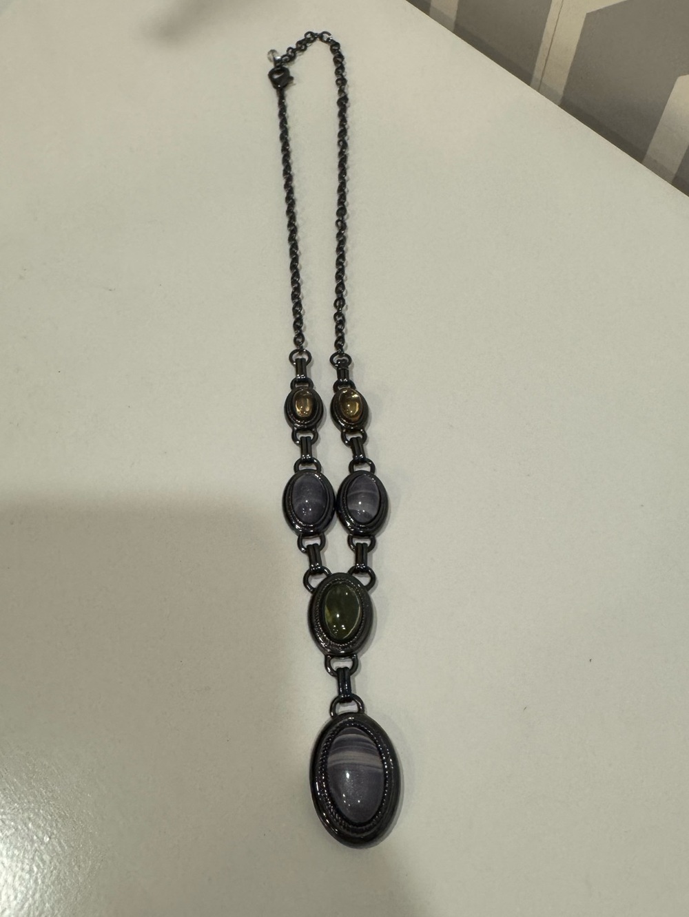 Women’s Black Chain Necklace with Multicolored Stone Pendants